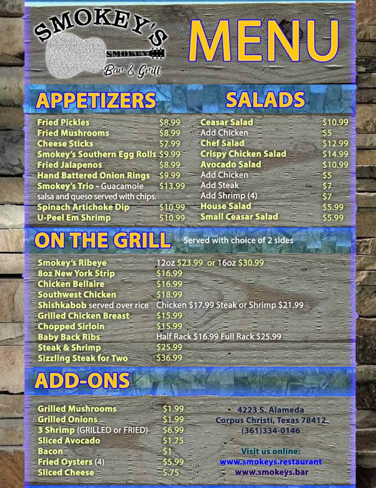 Smokey's Bar & Grill Restaurant Menu in Corpus Chrsiti, TX