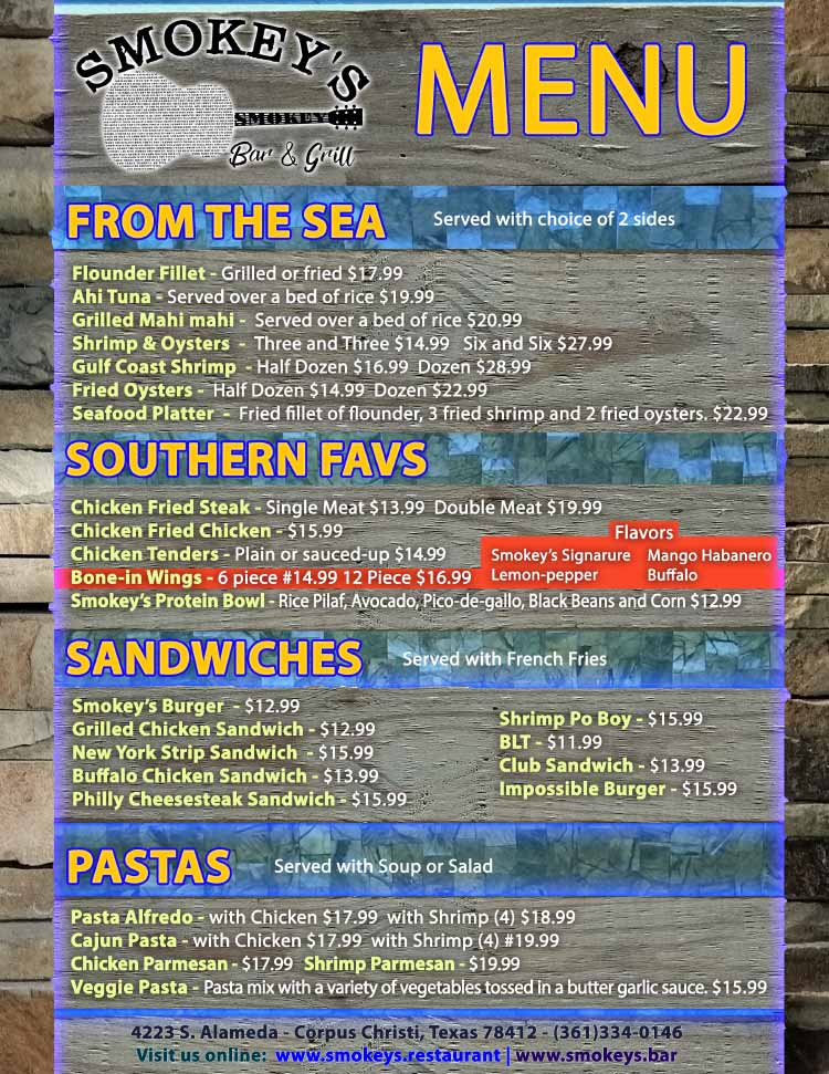 Smokey's Bar & Grill Restaurant Menu in Corpus Chrsiti, TX